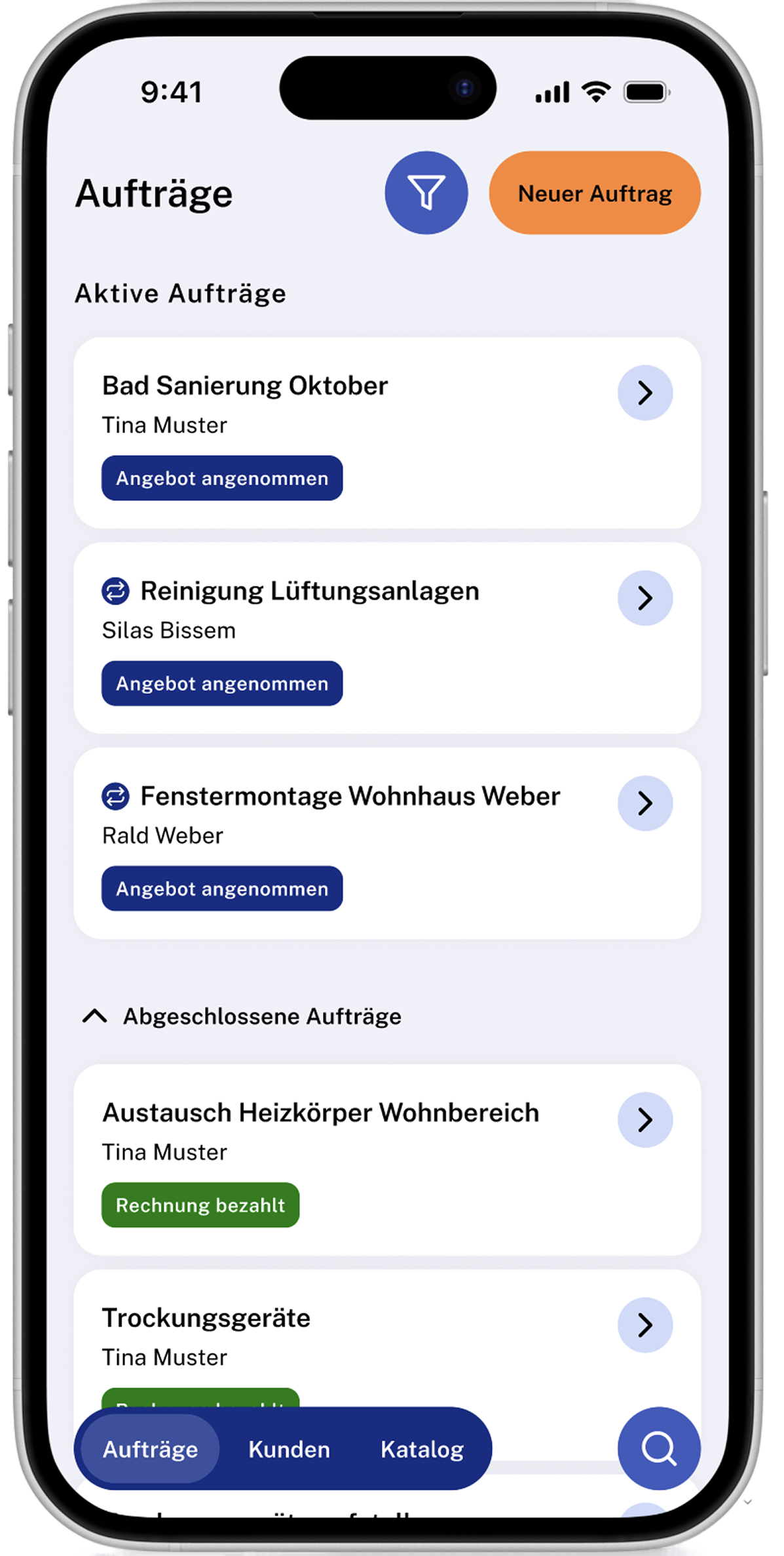 Workcraft App – Auftragsübersicht