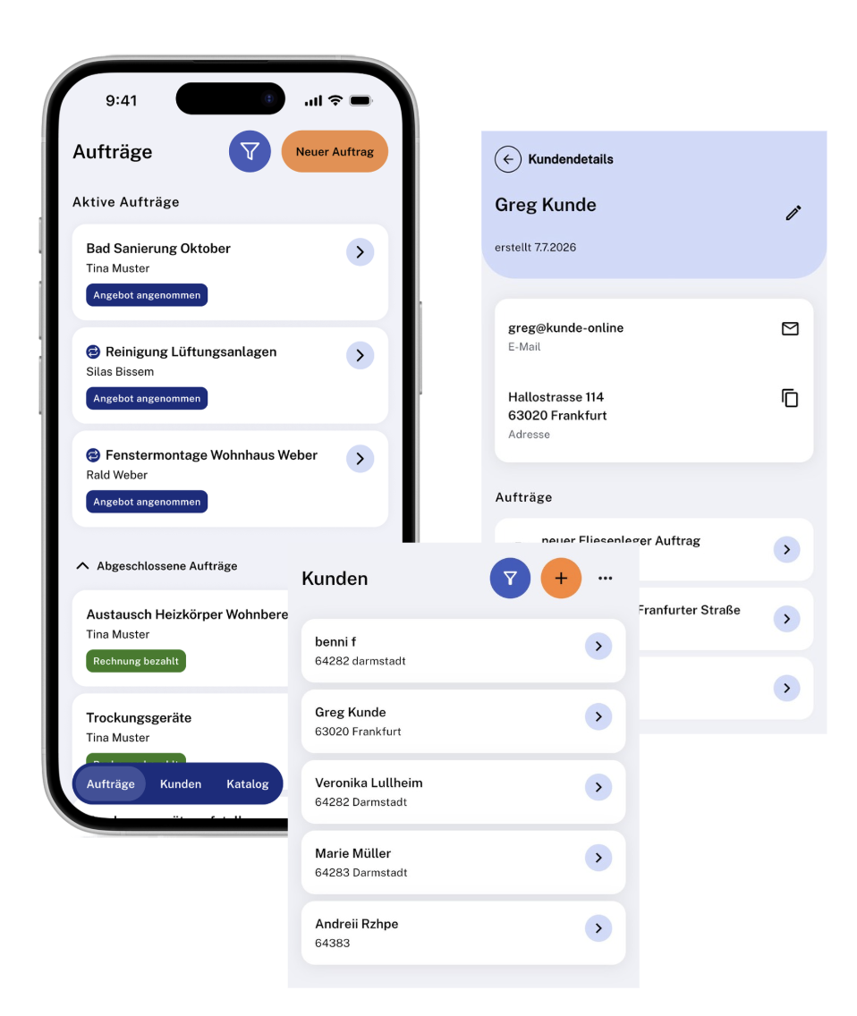Aufträge- und Kundenübersicht in der Workcraft App